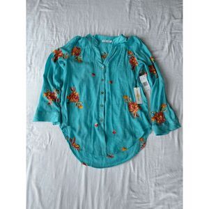 Women's Spring/Summer Flower Embroidered Shirt, Sky Blue, Small, Light, Airy NWT